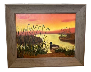 Mid 20th Century Sunset Seascape with Mallard Oil Painting by Susan Butterworth Jackson, Framed