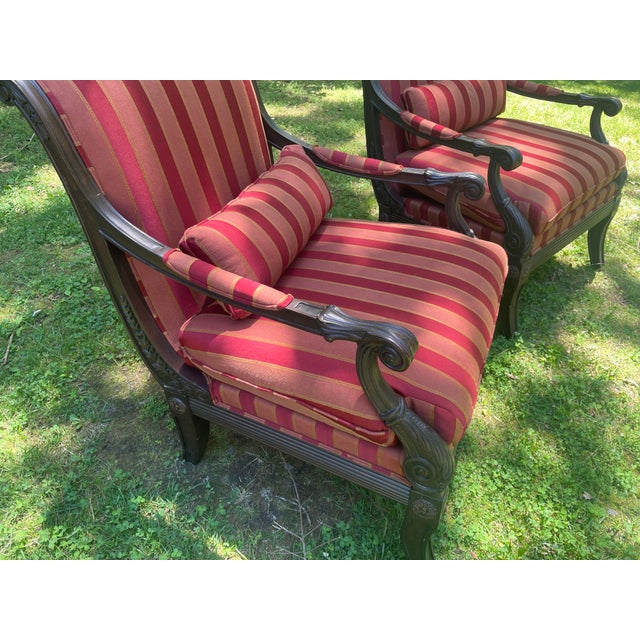 Ethan Allen Newport Neoclassical Empire Lounge Armchairs Set of 2 Burgundy Gold Striped For Sale In Philadelphia - Image 6 of 12