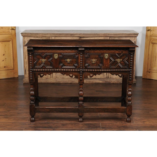 English English 1870s Oak Dresser Base with Carved Geometric Front and Two Drawers For Sale - Image 3 of 12