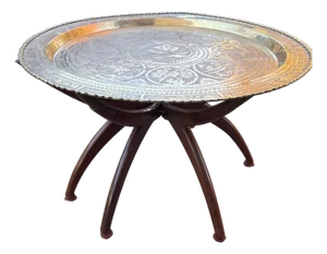 Mid 20th Century Spider Table With Foldable Wood Legs and 30" Heavy Brass Top