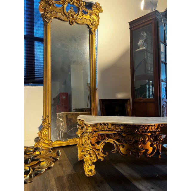 Early 20th Century Antique French Louis XV Giltwood Pier Mirror With Marble Top Console – Rococo For Sale - Image 5 of 8