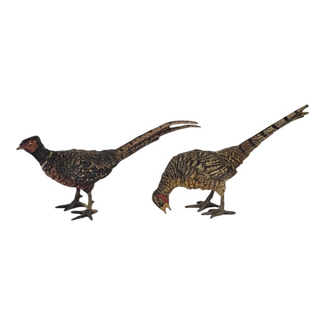 Vintage Mid 20th Century Austria Bronze Cold Painted Ring-Necked Pheasant Miniature Figurines - a Pair For Sale