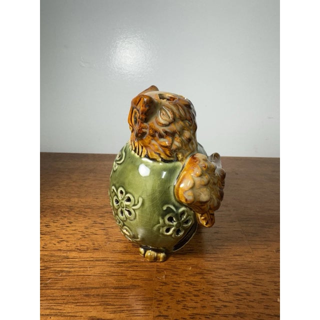 Vintage Ceramic Owl Figurine Incense Holder Green Brown Glaze Pierced Pottery For Sale - Image 4 of 9