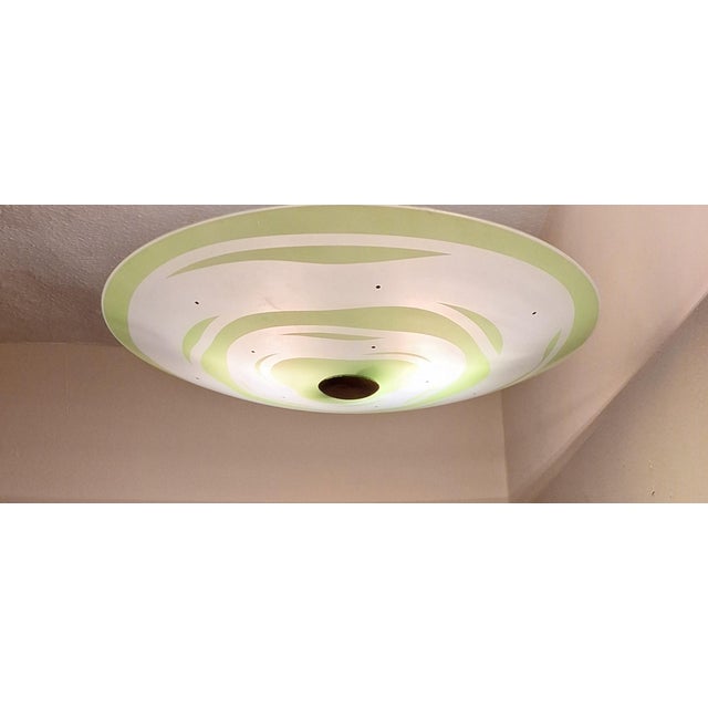Mid-Century Modern Flat Mid-Century German Ceiling Lamp in the Form of Green Patterned Glass Bowl on Brass Mount, 1950s For Sale - Image 3 of 10