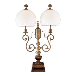 1950s Italian Brass & Wood Double Arm Student Lamp With Milk Glass Shades For Sale