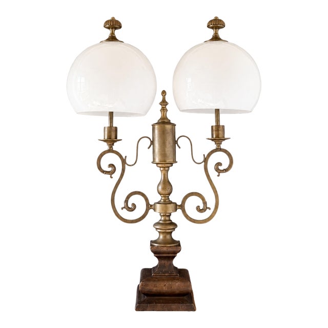 1950s Italian Brass & Wood Double Arm Student Lamp With Milk Glass Shades For Sale