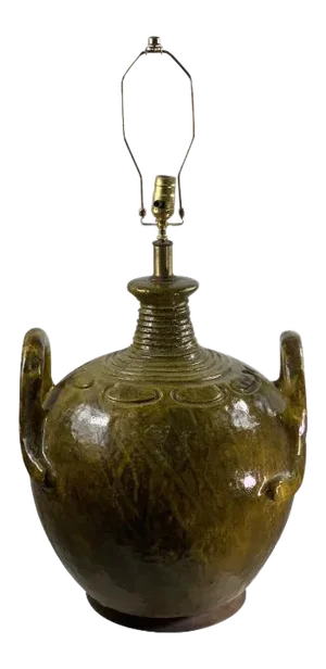 Monumental Italian Chartreuse Volcanic Glaze Double Handled Pottery Lamp