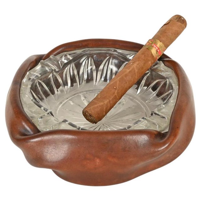 Curved Nova Ashtray in Brown Leather and Cut Crystal from Tecno, Italy, 1950s For Sale - Image 12 of 12