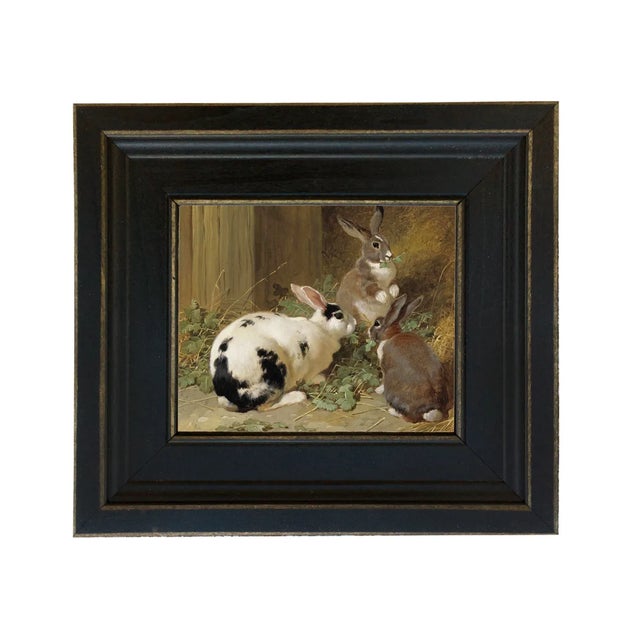Early American Farmyard Rabbits Framed Oil Painting Print on Canvas in Black Wood Frame For Sale - Image 4 of 4