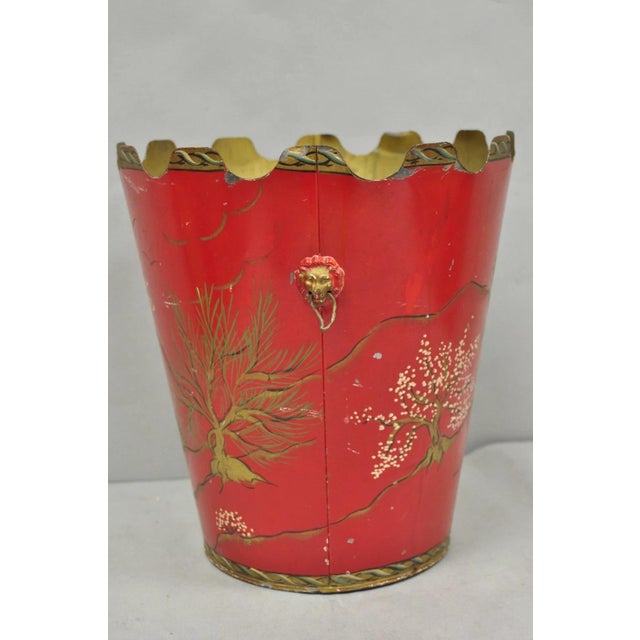 Mid 20th Century Italian Chinoiserie Hand Painted Oriental Red Tole Metal Wastebasket Trashcan For Sale - Image 9 of 18