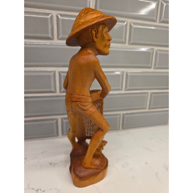 Mid-Century Balinese Art Deco Seated Fisherman With Cast Net Sculpture For Sale In Phoenix - Image 6 of 12