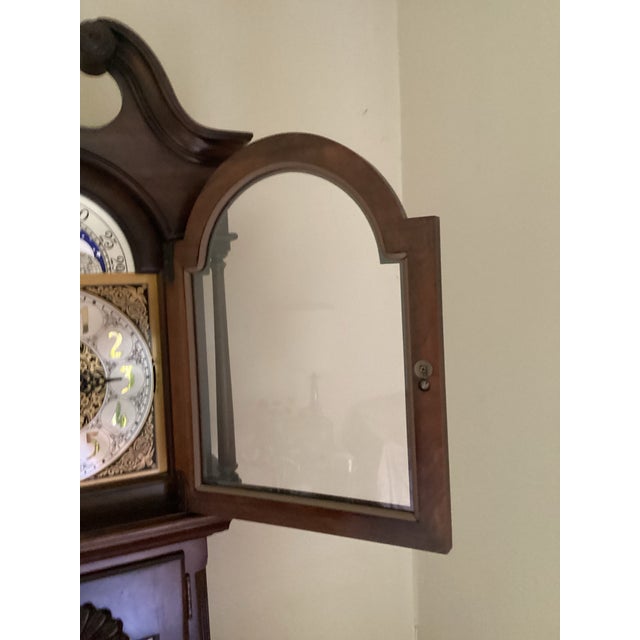 Cherrywood Ethan Allen 1979 Tall Case Grandfather Clock With Moving Moon Dial and 3 Phase Westminster Chimes For Sale - Image 11 of 12