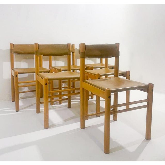 1960s Mid-Century Modern Wood and Leather Chairs, Italy, 1960s, Set of 6 For Sale - Image 5 of 6