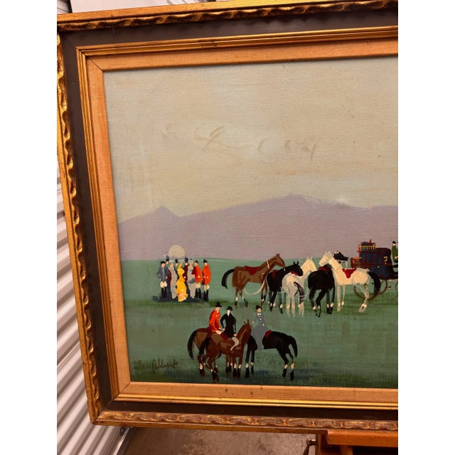 Mid 20th Century Mid-Century Modern Equestrian Gathering Oil Painting in Gilt Frame, Circa 1950s–1960s For Sale - Image 5 of 10