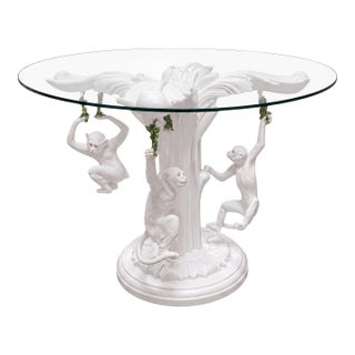 Hollywood Regency White Lacquered Carved Wood Center Table W/ 3 Italian Terracotta Monkeys For Sale