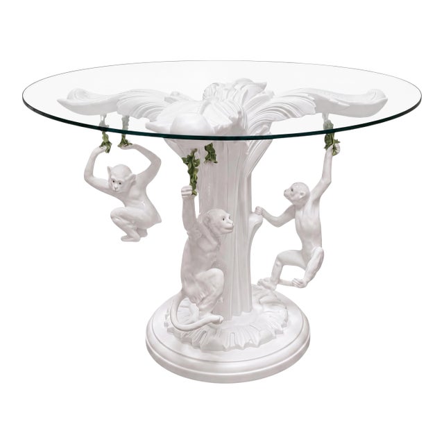 Hollywood Regency White Lacquered Carved Wood Center Table W/ 3 Italian Terracotta Monkeys For Sale