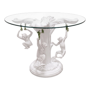 Hollywood Regency White Lacquered Carved Wood Center Table W/ 3 Italian Terracotta Monkeys