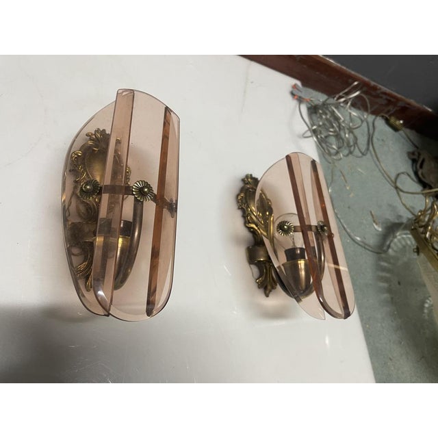 Pink Italian Bronze and Pink Glass Wall Sconces, 1950s, Set of 2 For Sale - Image 8 of 11