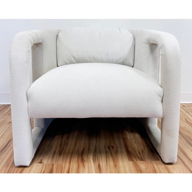 Vintage frame newly upholstered rounded back parsons lounge chair in a rich ivory textured velvet. Expertly crafted piping...