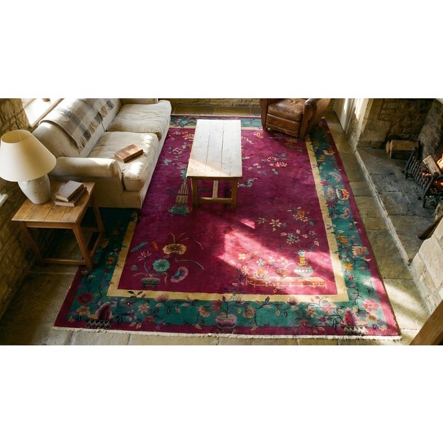 1920s Raspberry Red Floral Vase Antique Chinese Art Deco Carpet 8' 10" X 11' 6" Knotted Wool Rug For Sale - Image 12 of 12