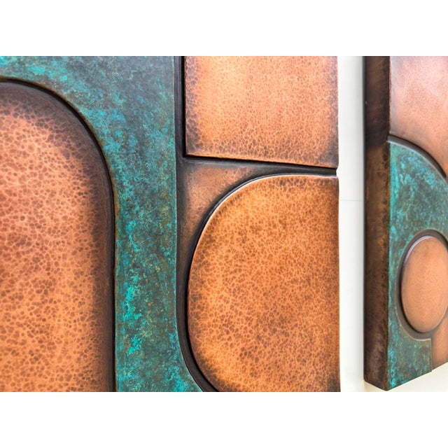 Metal Abstract Geometric Copper Wall Sculpture With Verdigris For Sale - Image 7 of 14