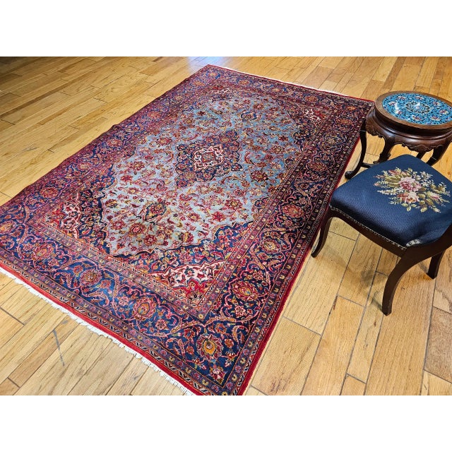 Persian Early 20th Century Persian Kashan Rug, Handwoven Floral Pattern, Turquoise & Red, 6’ X 9’ For Sale - Image 3 of 12