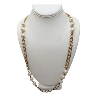 Vintage 1980s Signed Napier Goldtone Faux-Pearl Sautoir Necklace For Sale