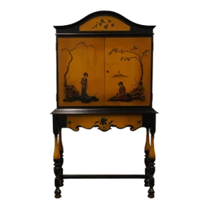 Amfurnoco American Furniture Novelty Co. Asian Chinoiserie Style 33" Blonde Wood Secretary Cabinet W. Hand Painted Scenes