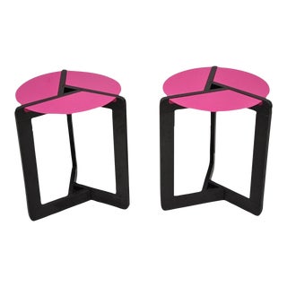 Late 20th Century Vintage Memphis Style Steel and Wood Pink Tripod Side Table - a Pair For Sale