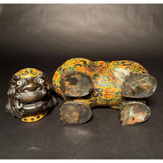 Yellow Early 20th Century Pair Of Chinese Cloisonne Enamel Foo Lion Censers For Sale - Image 8 of 10