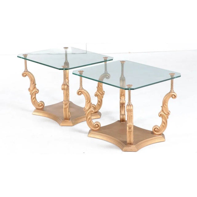1980s 1980s Mid-Century Modern Gold Rosette Rococo Style Metal-Mounted Giltwood and Glass Side End Tables 2- a Pair For Sale - Image 5 of 5