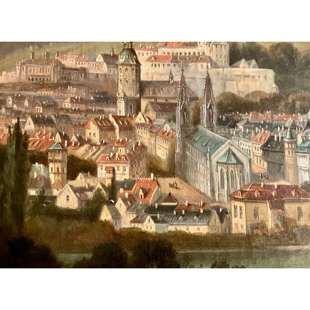 Antique Central European Cityscape Oil Painting with Cathedral and Hillside Castle A richly detailed panoramic oil...