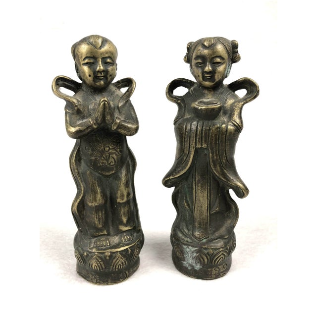 Metal 1920s Antique Chinese Brass Children Statues - a Pair For Sale - Image 7 of 11