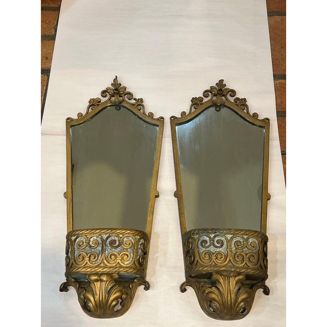 Art Deco Pair of Antique Art Deco Gilt Mirrored Sconces For Sale - Image 3 of 18