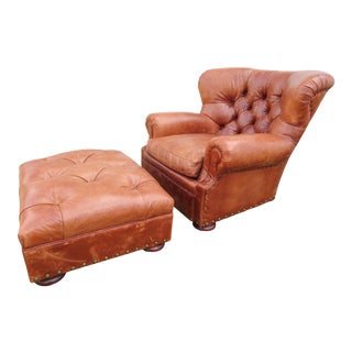 Vintage Ralph Lauren Tufted Leather Writers Chair & Ottoman For Sale