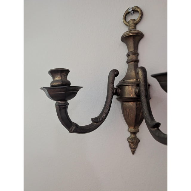 Brass Vintage Pair of Brass Double Arm Wall Candle Scones - a Pair For Sale - Image 8 of 12