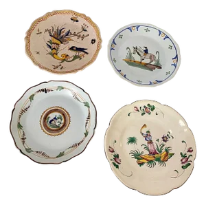 19th Century French Faience Plates with Bird Pattern in Blue, Green, Set of 4