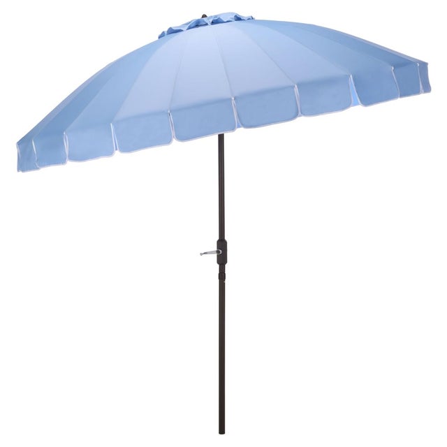 Metal Panza 9 Ft Crank Umbrella, Baby Blue/Brown Pole For Sale - Image 7 of 8