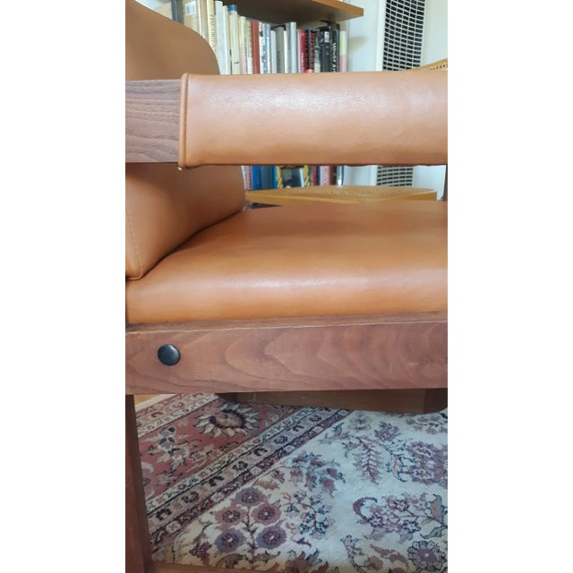 Vintage Solid Wood Library Armchair With Dark Honey Brown Vinyl For Sale - Image 10 of 11