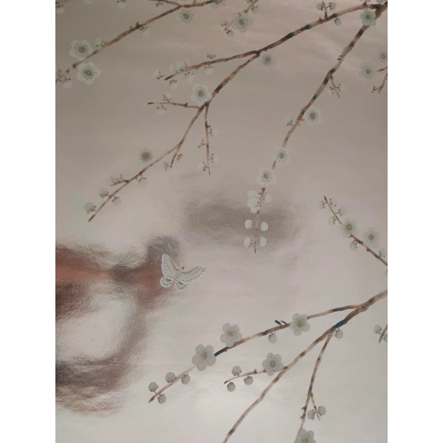 Plum Blossom Wallpaper Hand Painted Wallpaper on Champagne Silver Metallic Panel - 2 Panels For Sale - Image 4 of 5