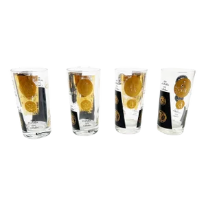 Vintage Mid Century Cera Highball 22 Karat Gold Coin Design Barware Glasses - 4 Pieces