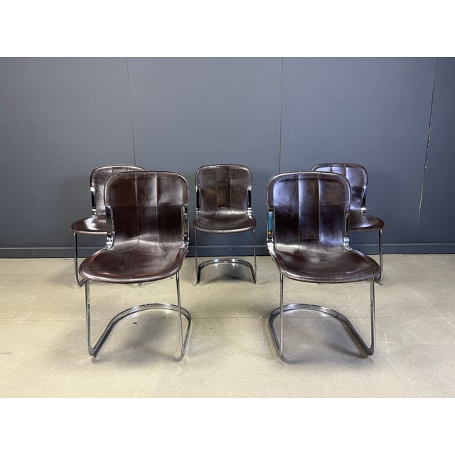 Italian Cantilever Dining Chairs in Chrome and Leather from Cidue, 1970s, Set of 5 For Sale - Image 9 of 9