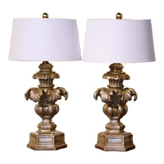 Pair of Mid-Century Italian Carved Silvered Table Lamps For Sale