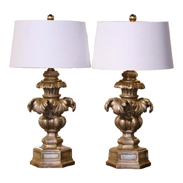 Pair of Mid-Century Italian Carved Silvered Table Lamps For Sale
