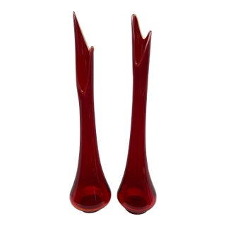 Mid 20th Century Tall Red Swung Art Glass Vase a Pair For Sale