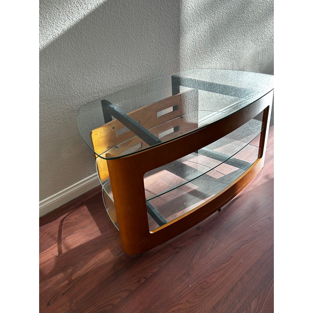 2000s Bdi Modern Cherry Wood & Tempered Glass Media Console and Audio Tower Set - 2 Pieces For Sale - Image 9 of 10