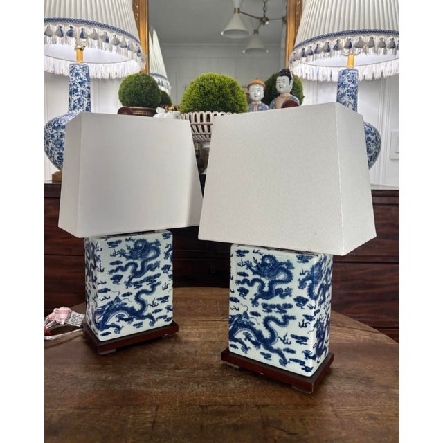 The most iconic and perfect pair of Ralph Lauren blue and white dragon lamps in perfect condition. Beautiful shades of...