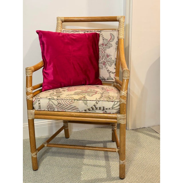 Baker Furniture Company 8 McGuire Target Back Dining Chairs. Upholstered in Palm Beach Designer Performance Fabric With Soft Pink and Green Accents. (10 Available.) For Sale - Image 4 of 8