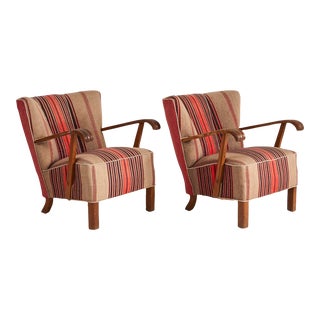Danish Lounge Chairs in Oak and Upholstered Wool Stripe, 1940s - Set of 2 For Sale