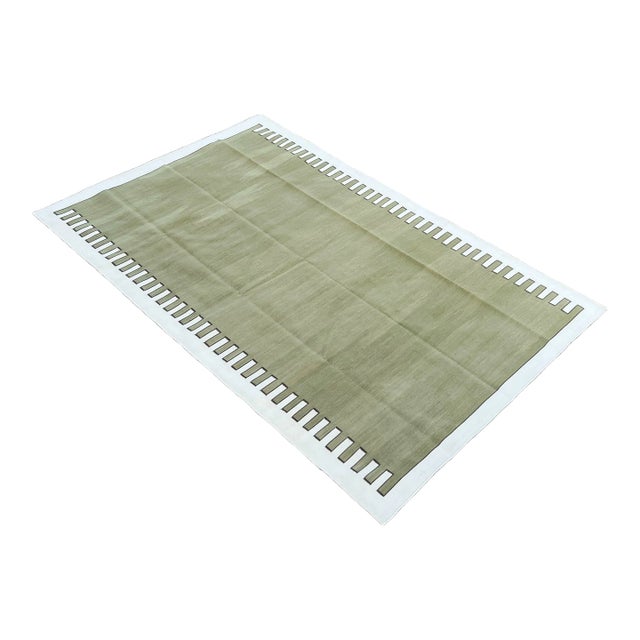Handmade Cotton Area Rug Vegetable Dyed Olive Green and White Zig Zag Striped Rug-6'x9' For Sale